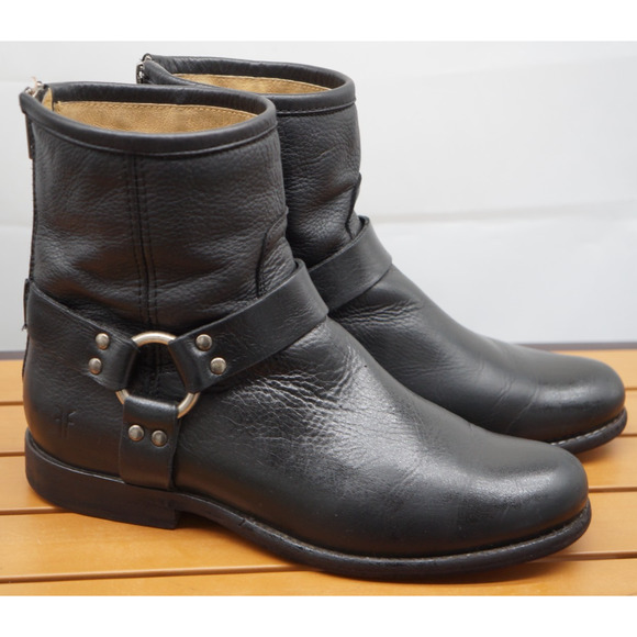 Frye Phillip Harness 4001 K 14 Moto Biker Zip Boots Black Women's Size US 8 B - Picture 1 of 11